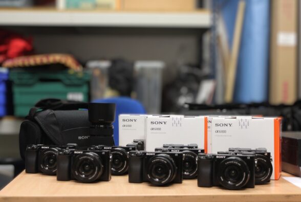 The six mirrorless cameras, bags and lenses donated to the college by Sony